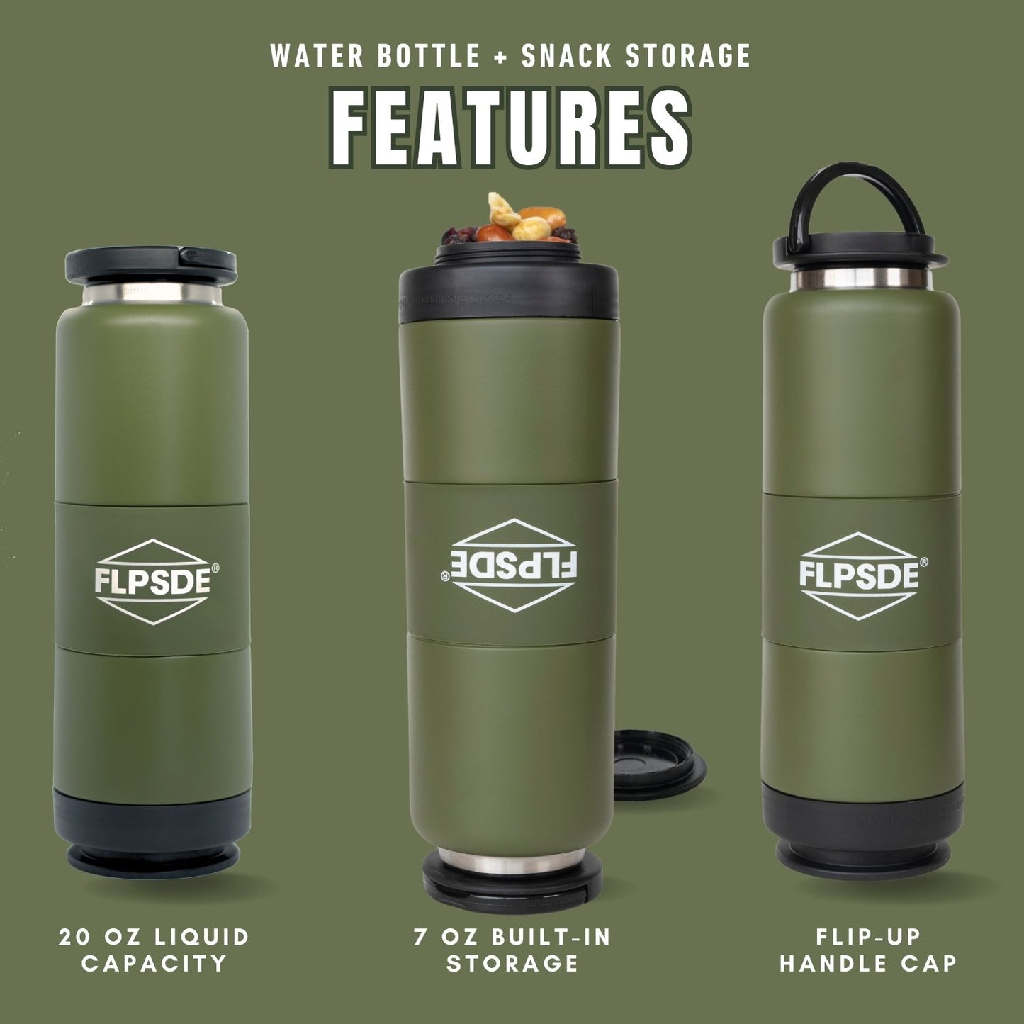 FLPSDE Dual Chamber Water Bottle with Snack Storage